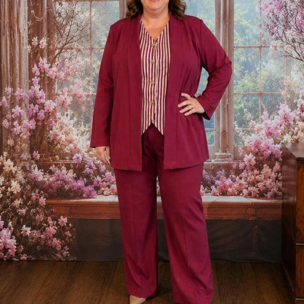 Jaclyn Smith Vintage 80s 3 Piece Pant Suit Set Burgundy Striped Vest Size 16
